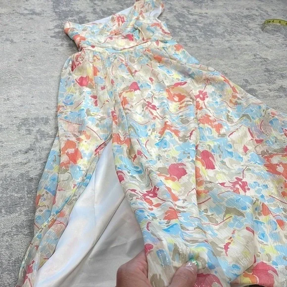 New Likely Sara Dress Floral Watercolor Metallic One Shoulder Midi Sz 0